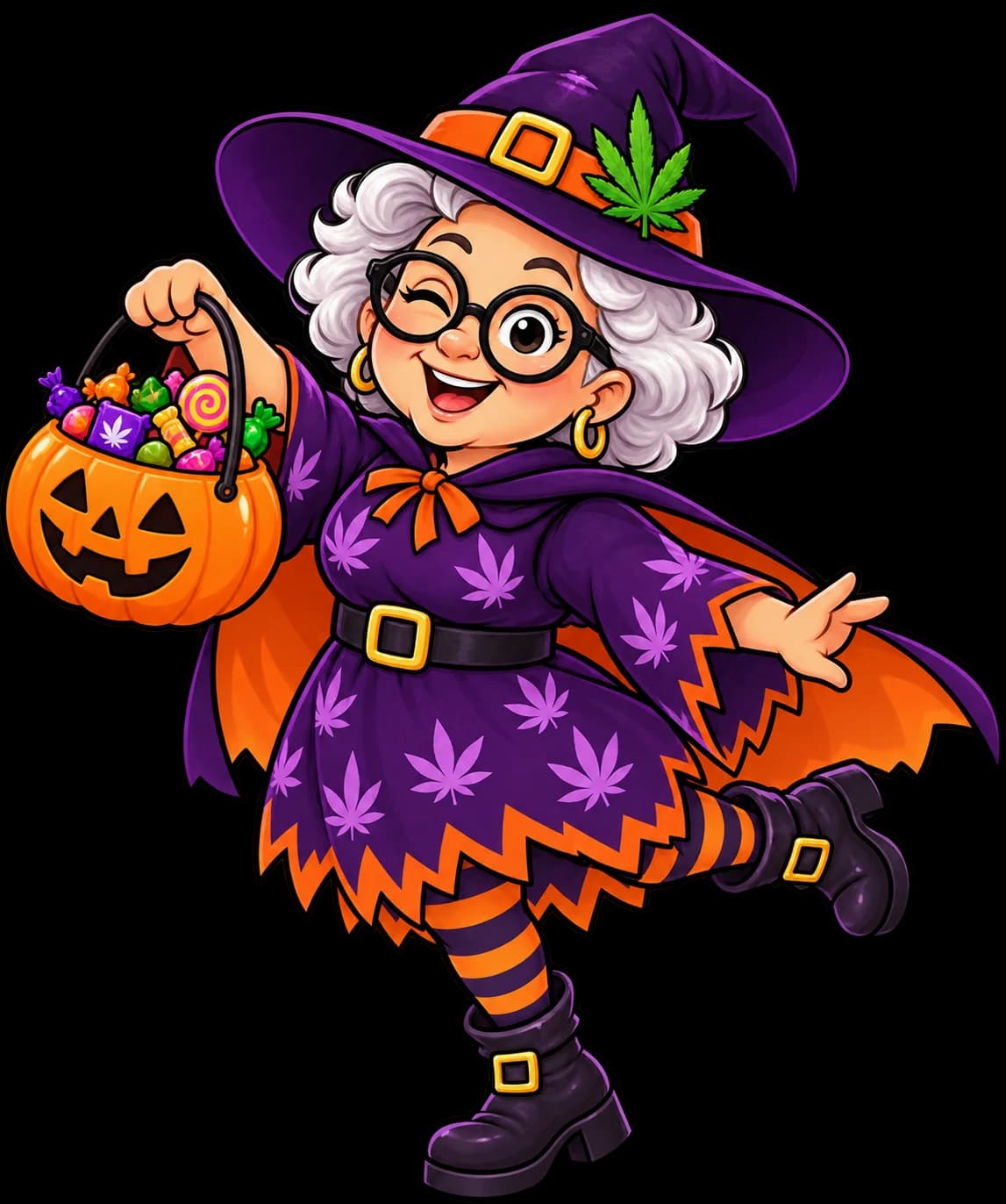 Mrs. Doubtfire dressed as a witch, winking and holding a jack-o'-lantern candy bucket