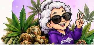 Mrs. Doubtfire in sunglasses and a Doubtfire hoodie, making a peace sign