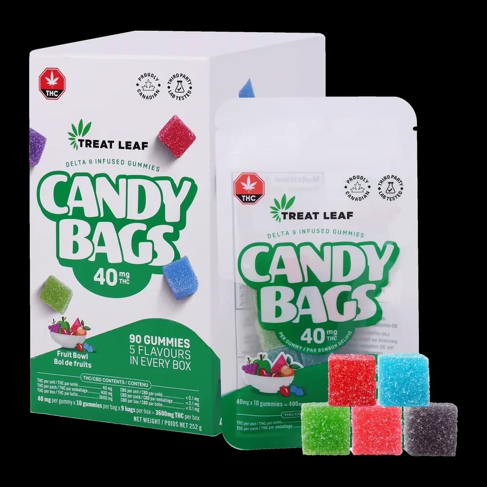 Treat Leaf Fruit Bowl Candy Bags box, 40mg per gummy, 90 gummies